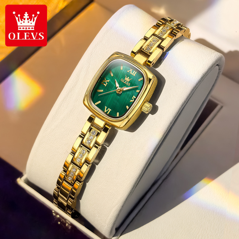 OLEVS Square Dial Gold Tone Designer Watch Quartz Waterproof Crystal Bracelet Ladies Wristwatch Elegant Dress Fashion Minimalist Lightweight Daily Par