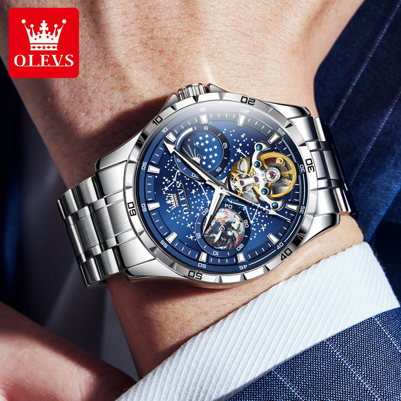 OLEVS Designer Men Mechanical Watch Starry Sky Skeleton Tourbillon Dial Stainless Steel Leather Strap Waterproof Luminous Business Automatic Wristwatc