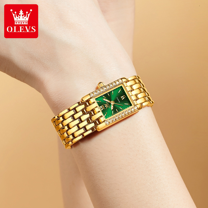 OLEVS Gold Tone Rectangle Crystal Bezel Designer Watch Ladies Quartz Waterproof Elegant Dress Fashion Minimalist Lightweight Daily Party Bridal Analog
