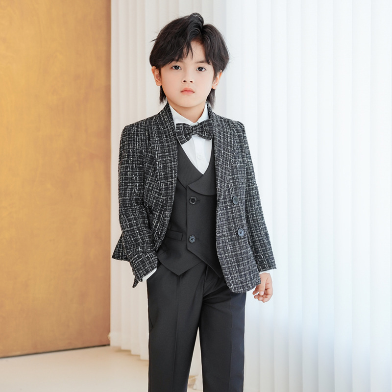 Childrens Houndstooth Formal Suit Set Boys Wedding Birthday Party Champagne Costume Kids Double Breasted Blazer Pants Clothes 241106