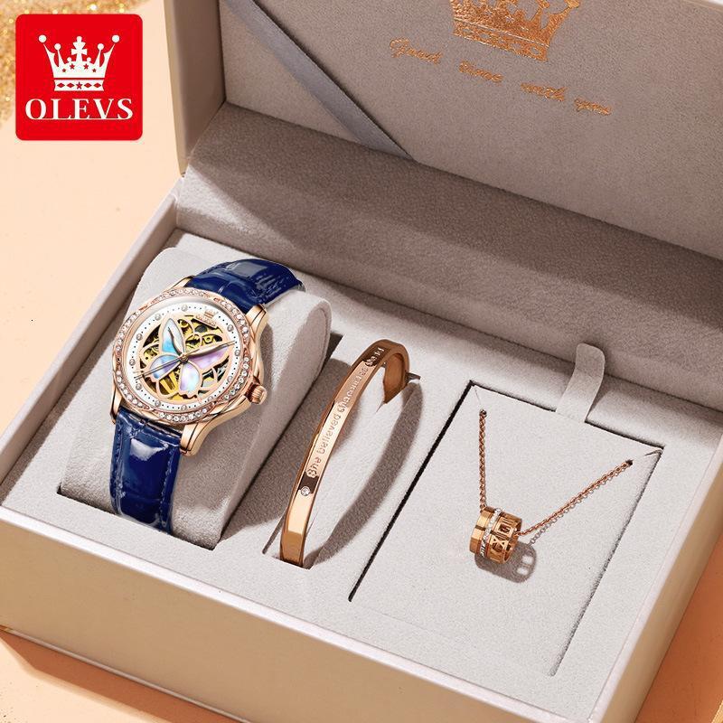 OLEVS Luxury Rose Gold Wristwatch Elegant Ladies Dress Watch Gift Set Designer Women Mechanical Watch Butterfly Skeleton Dial Diamond Inlaid Ceramic S