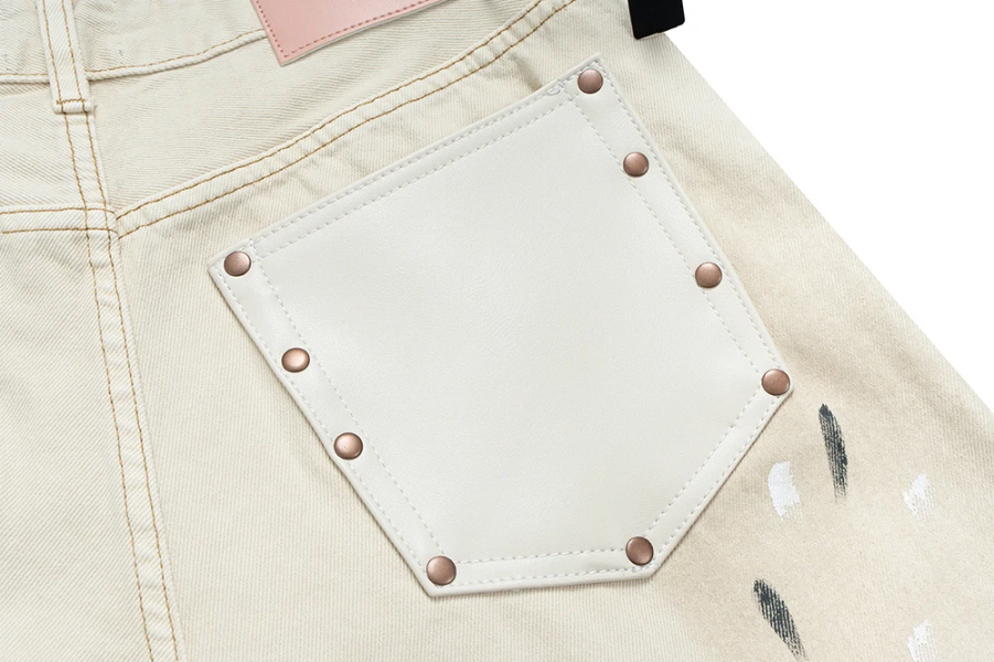 High Street Dirty Mud Splatter Baggy Jeans for Men Solid Color Loose Straight Rivet Pocket Washed White Denim Trousers Oversize