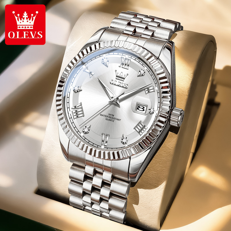 OLEVS Gold Tone Stainless Steel Designer Watch Single Date Waterproof Luminous Diamond Bezel Business Men Wristwatch Luxury Classic Casual Formal Dail