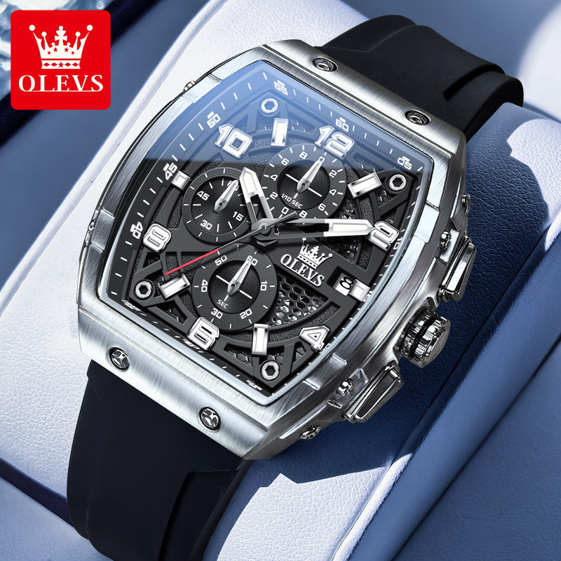 OLEVS Men's Luxury Watch Hollowed Out Multi-function Designer Watch Business Bucket Type Large Dial Silicon Tape Quartz Watch Waterproof Luminous