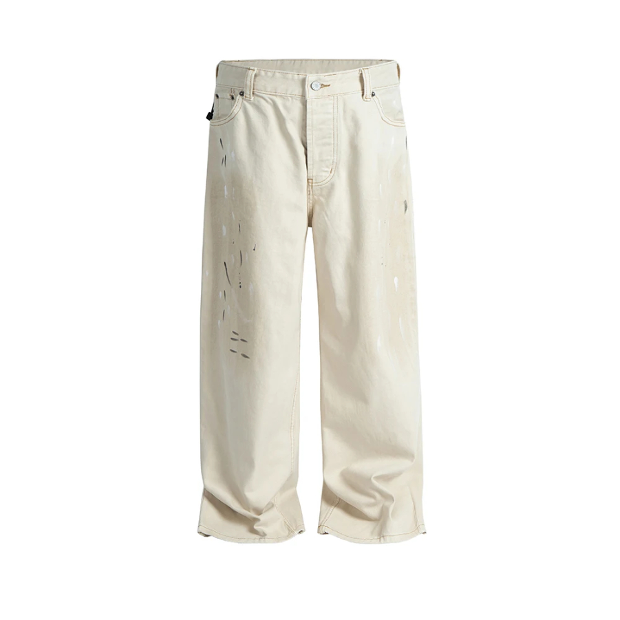 High Street Dirty Mud Splatter Baggy Jeans for Men Solid Color Loose Straight Rivet Pocket Washed White Denim Trousers Oversize