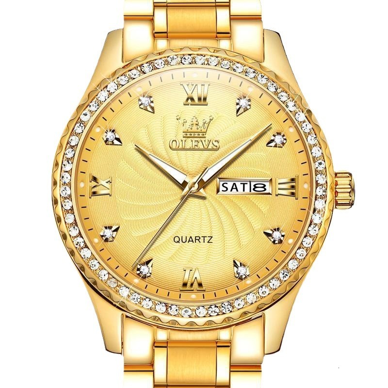 OLEVS Men's Luxury Diamond Studded Gold Designer Watch Business High-end Dual Calendar Night Light Waterproof Quartz Watch Men's Watch Men&#