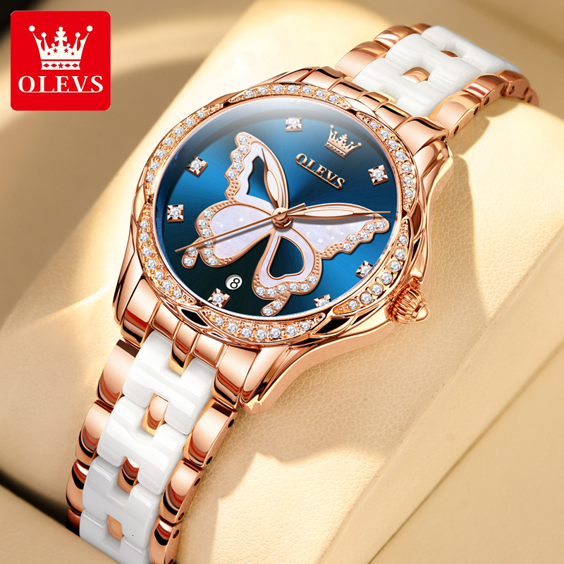OLEVS Designer OLEVS Womens Luxury Quartz Watch Butterfly Pattern Diamond Inlaid Waterproof Ceramic Strap Elegant Wristwatch For Daily Wear