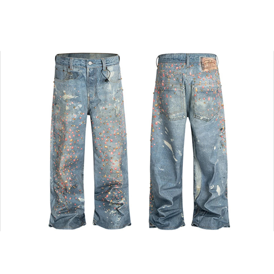 3D Printed Full Diamond Jeans for Men Straight Washed Distressed Shinning Diamon Denim Trousers Hip Hop Loose Baggy Jean Pants