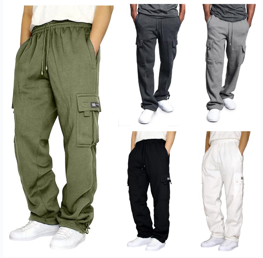 Men's Pants High Street Hip Hop 5-Pocket Cargo Sweatpants, Men's Heavyweight Fleece Straight Leg Wide Leg Pants, Multi-Pocket Casual Sports 