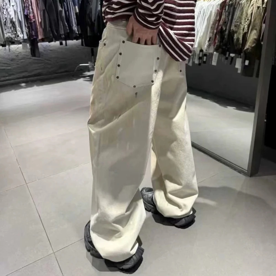 High Street Dirty Mud Splatter Baggy Jeans for Men Solid Color Loose Straight Rivet Pocket Washed White Denim Trousers Oversize