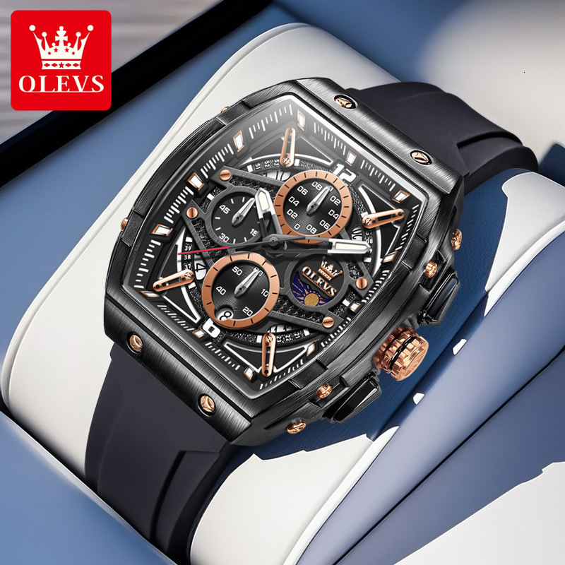 OLEVS Tonneau Skeleton Chronograph Designer Watch Silicone Strap Waterproof Luminous Sporty Men Wristwatch Shockproof Multifunctional Trendy Casual Da