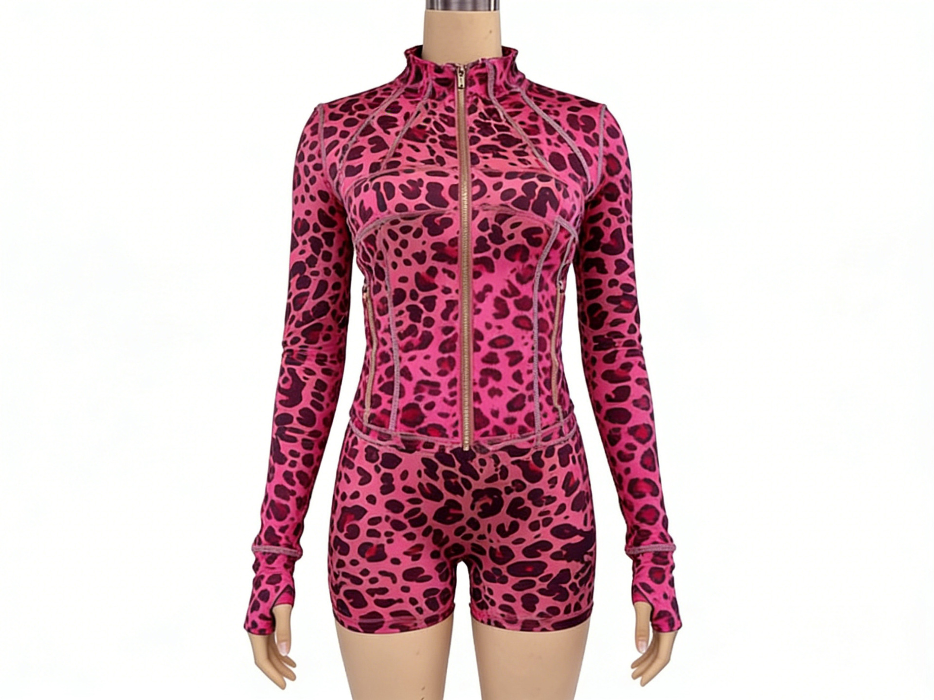 Women's Tracksuits Leopard Print 2 Piece Tracksuit Women Zip Up Short Sleeve & Long Sleeve High Neck Top and Biker Shorts Slim Fit Activewear Set