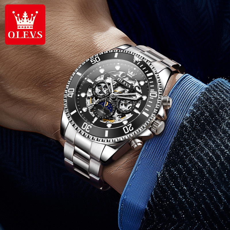 OLEVS Tourbillon Dial Stainless Steel Strap Waterproof Luminous Designer Men Mechanical Watch Skeleton ultifunctional Business Casual Automatic Wristw