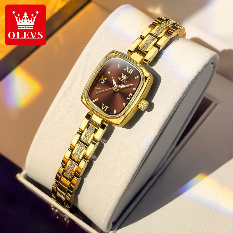 OLEVS Square Dial Gold Tone Designer Watch Quartz Waterproof Crystal Bracelet Ladies Wristwatch Elegant Dress Fashion Minimalist Lightweight Daily Par