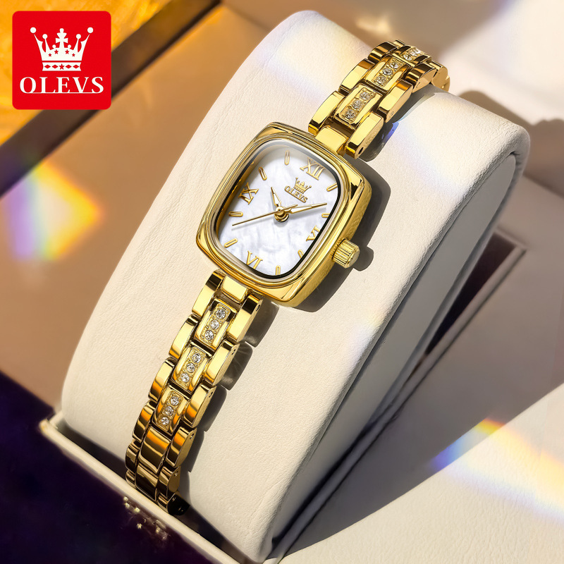 OLEVS Square Dial Gold Tone Designer Watch Quartz Waterproof Crystal Bracelet Ladies Wristwatch Elegant Dress Fashion Minimalist Lightweight Daily Par