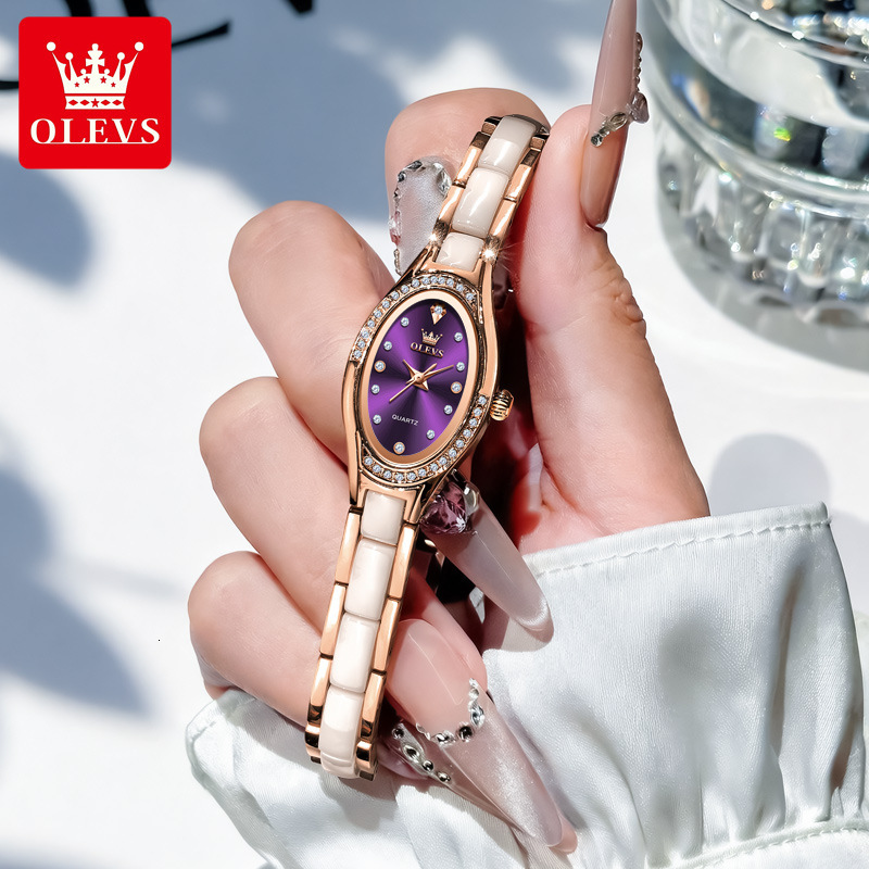 OLEVS Slim Oval Ceramic Quartz Designer Watch Waterproof Bling Crystal Luxury Dress Ladies Wristwatch Fashion Minimalist Daily Party Casual Trendy Hig