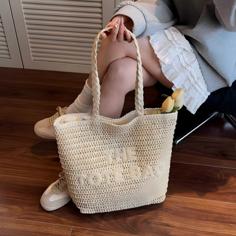 Large Capacity "THE TOTE BAG" Straw Beach Tote Handmade Woven Designer Shoulder Bag for Women Daily Vacation