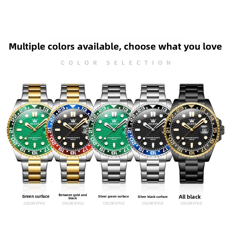 OLEVS Designer OLEVS Mens Quartz Watch Green Dial Rotating Bezel Luminous Date Waterproof Stainless Steel Casual Wristwatch For Men