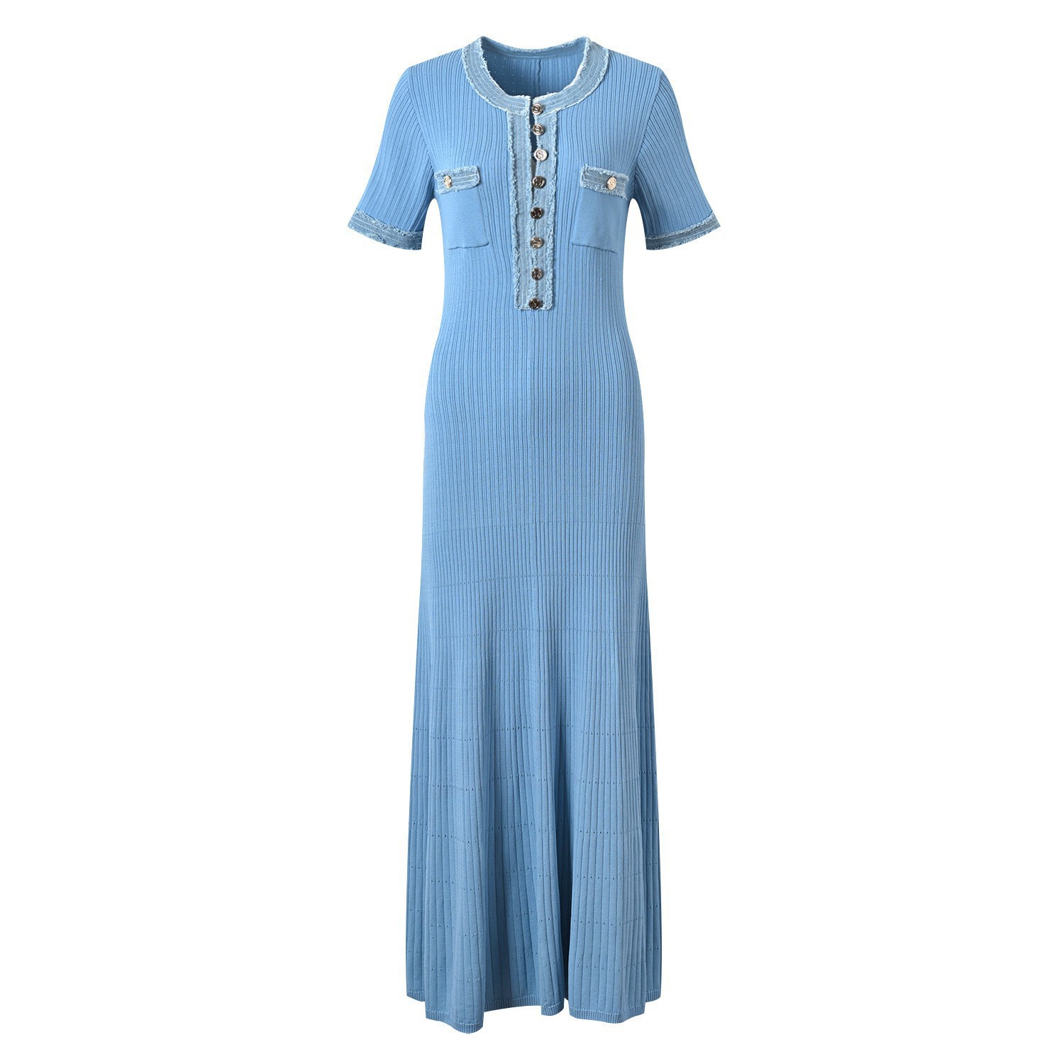 Casual Dresses Women's Elegant Knit Midi Dress, Contrast Blue Trim O-Neck Short Sleeve Bodycon Dress, Button Decor Casual Office Mermaid Long Dre