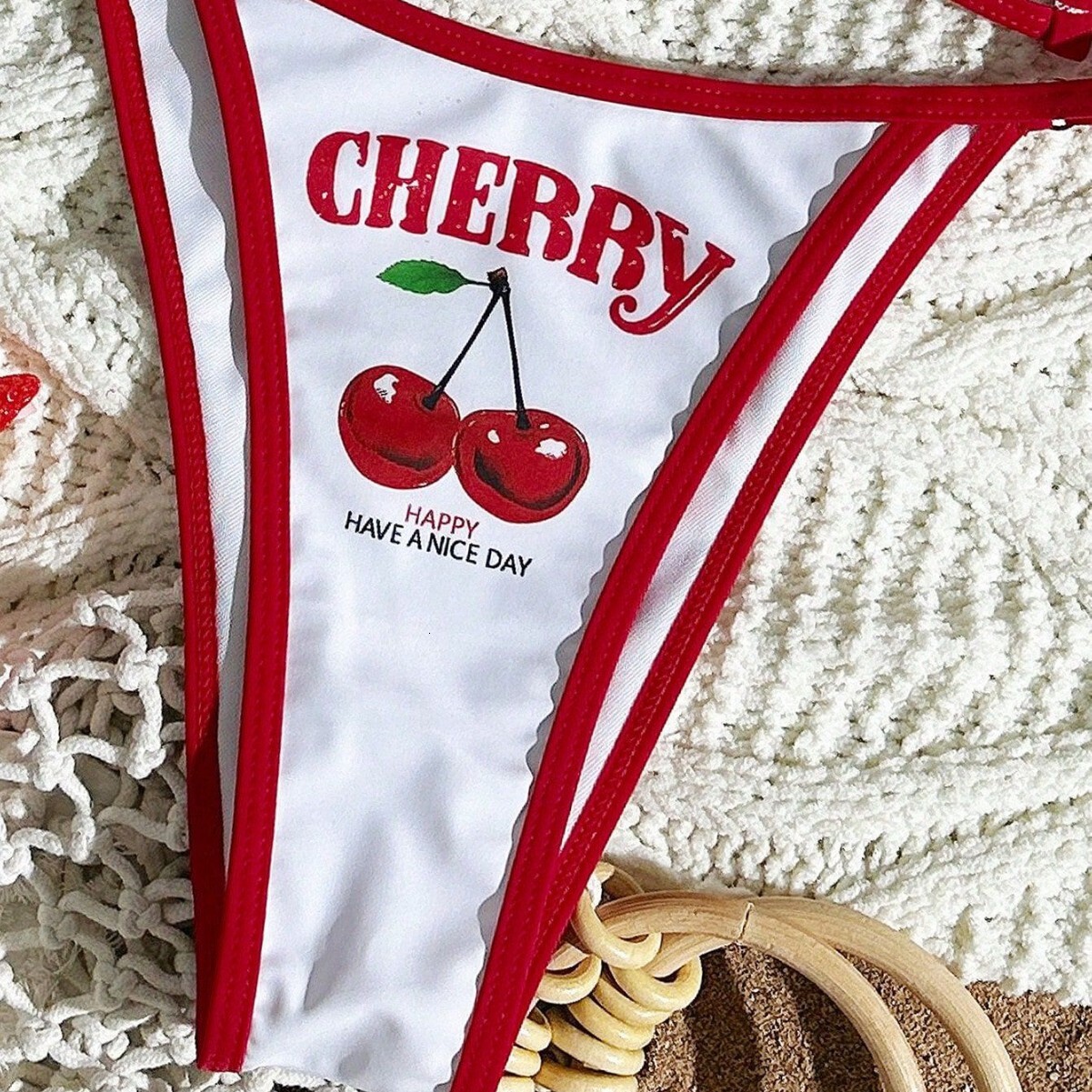 Designer Cherry Print 3 Piece Bikini Set with Short Sleeve Cover Up Crop Top High Cut Triangle Bottoms Tie Side Bathing Suit for Women Beachwear Pool 