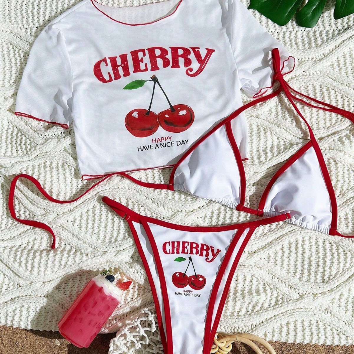 Designer Cherry Print 3 Piece Bikini Set with Short Sleeve Cover Up Crop Top High Cut Triangle Bottoms Tie Side Bathing Suit for Women Beachwear Pool 