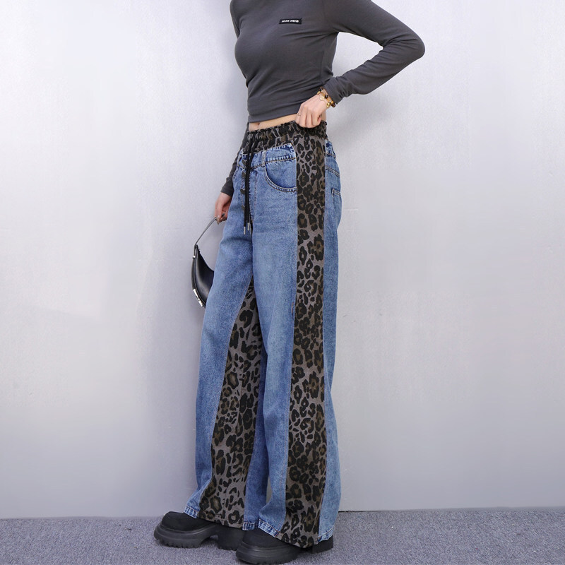 Classic Retro Leopard Print Patchwork Designer Jeans For Women Loose Fit Slimming Fashionable Casual Versatile Straight Leg Pants