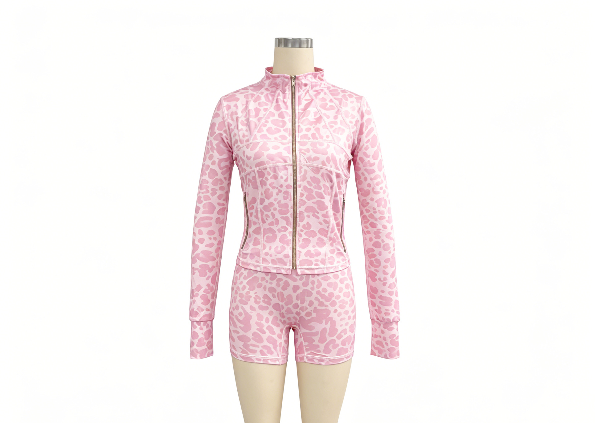 Women's Tracksuits Leopard Print 2 Piece Tracksuit Women Zip Up Short Sleeve & Long Sleeve High Neck Top and Biker Shorts Slim Fit Activewear Set