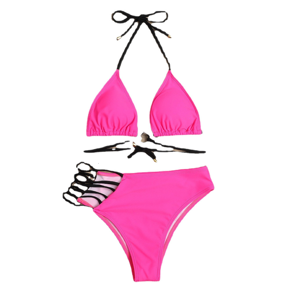 Leopard Print and Neon Color Block Bikini Set Halter Triangle Top Cutout High Waisted Swimsuit for Women Strappy Bathing Suit for Beach Pool Party Vac
