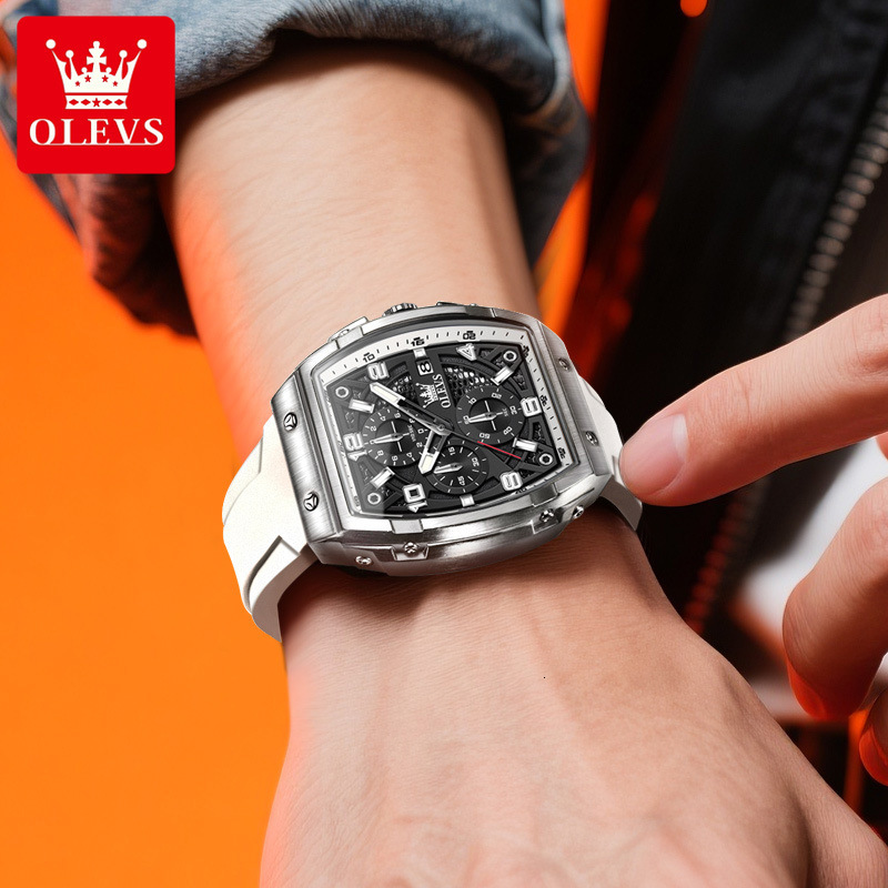OLEVS Men's Luxury Watch Hollowed Out Multi-function Designer Watch Business Bucket Type Large Dial Silicon Tape Quartz Watch Waterproof Luminous