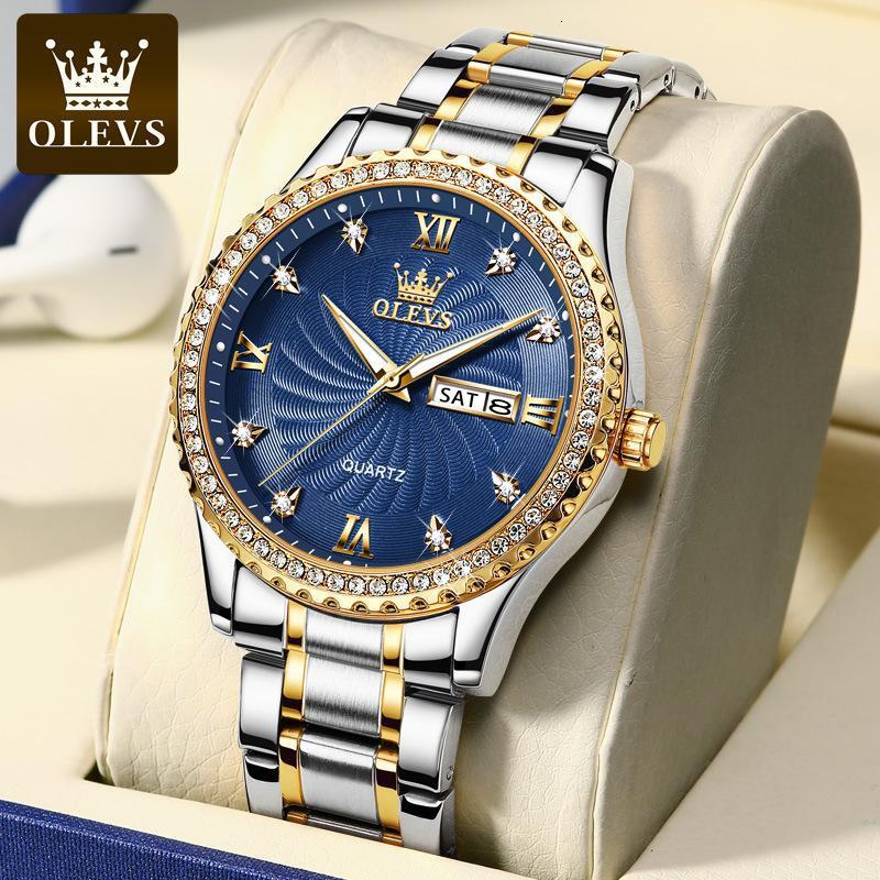 OLEVS Men's Luxury Diamond Studded Gold Designer Watch Business High-end Dual Calendar Night Light Waterproof Quartz Watch Men's Watch Men&#