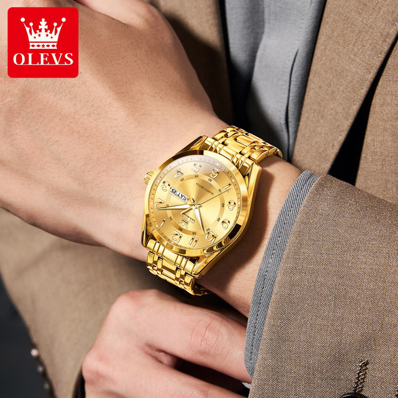 OLEVS Designer Mens Watch Round Dial Day Date Stainless Steel Quartz Wristwatch Waterproof Luminous Business Multi Color For Men