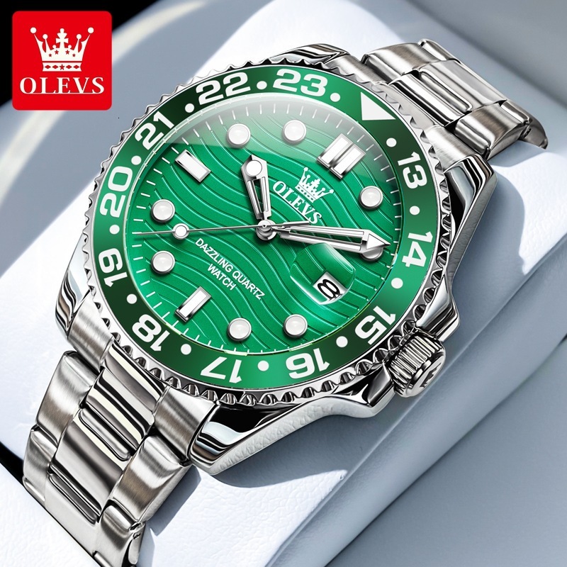 OLEVS Designer OLEVS Mens Quartz Watch Green Dial Rotating Bezel Luminous Date Waterproof Stainless Steel Casual Wristwatch For Men