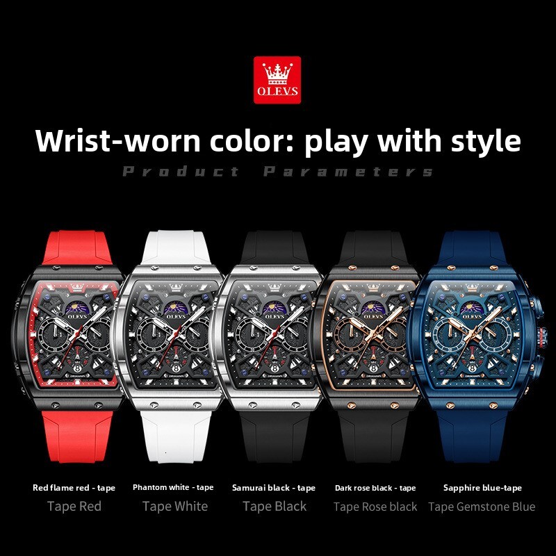OLEVS Luxury Brand Wine Barrel Designer Watch New Fashion Casual Daily Travel Silicone Tape Night Light Multifunctional Quartz Waterproof Men's W