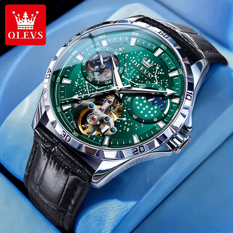 OLEVS Designer Men Mechanical Watch Starry Sky Skeleton Tourbillon Dial Stainless Steel Leather Strap Waterproof Luminous Business Automatic Wristwatc