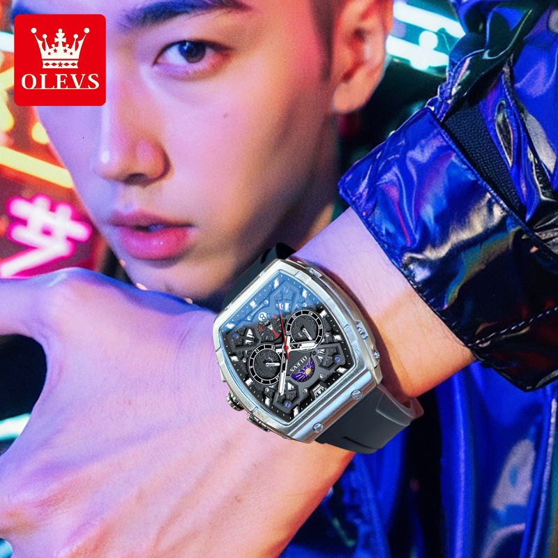 OLEVS Luxury Brand Wine Barrel Designer Watch New Fashion Casual Daily Travel Silicone Tape Night Light Multifunctional Quartz Waterproof Men's W