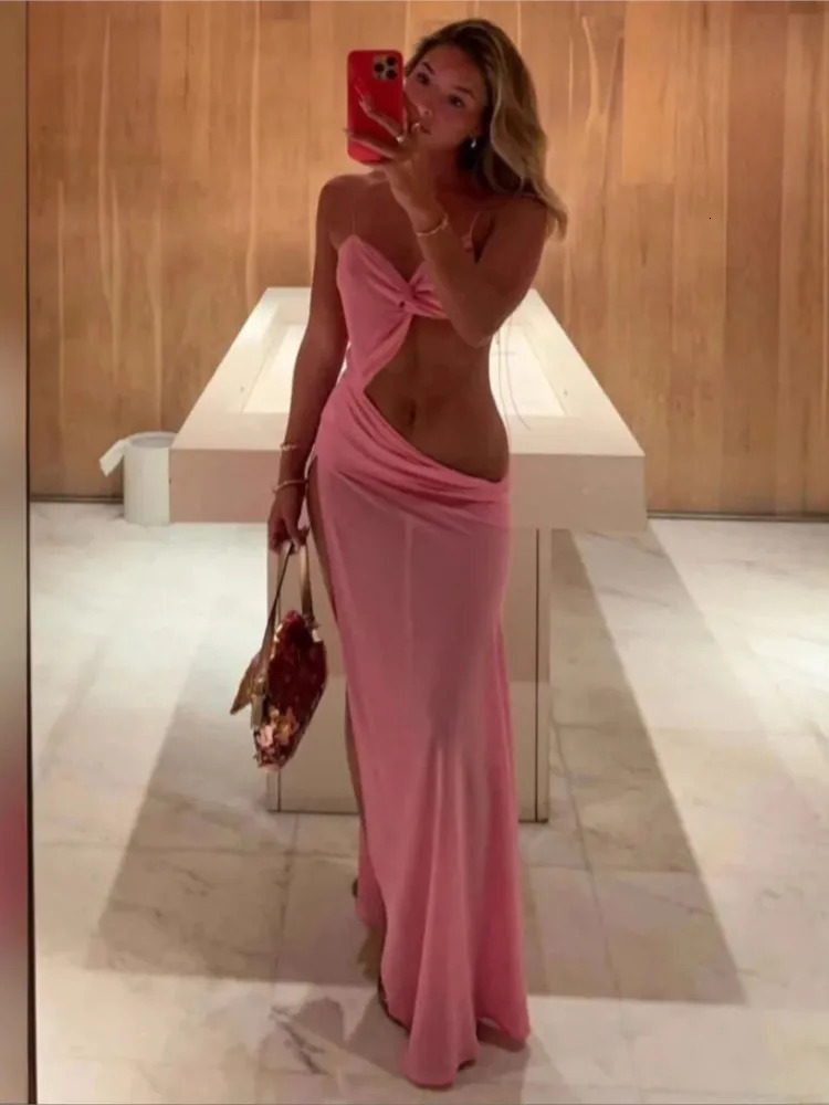 Solid Color Sexy Spaghetti Strap Slim Slit Long Dress Women Hollow Out Backless See Through Sleeveless Beach Party Dress Summer 260509
