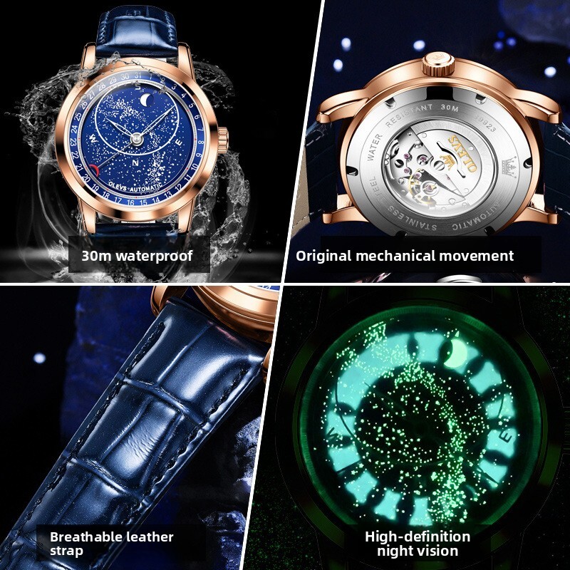 OLEVS Luminous Luxury Business Casual Wristwatch for Men Gift Designer Men Automatic Mechanical Watch Starry Sky Dial Moon Phase Blue Leather Strap Wa