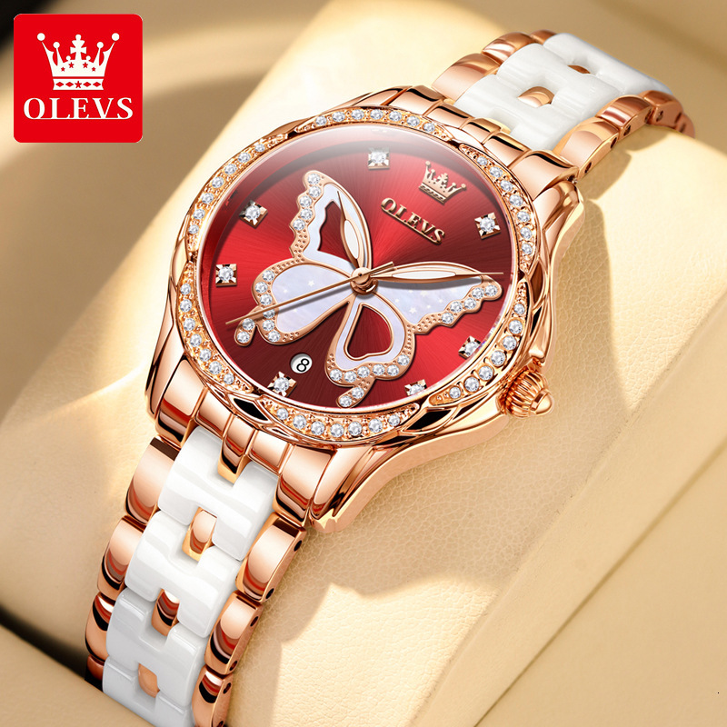 OLEVS Designer OLEVS Womens Luxury Quartz Watch Butterfly Pattern Diamond Inlaid Waterproof Ceramic Strap Elegant Wristwatch For Daily Wear