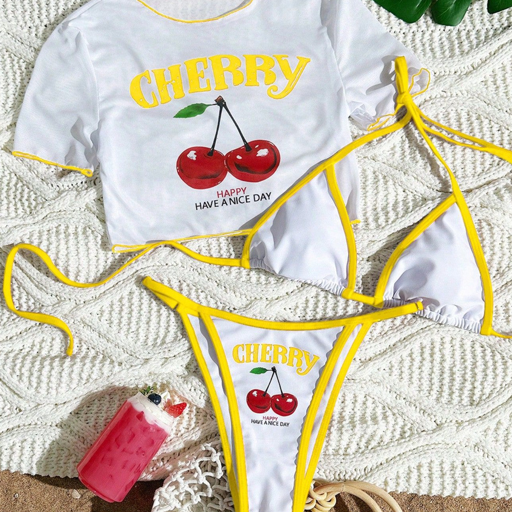 Designer Cherry Print 3 Piece Bikini Set with Short Sleeve Cover Up Crop Top High Cut Triangle Bottoms Tie Side Bathing Suit for Women Beachwear Pool 