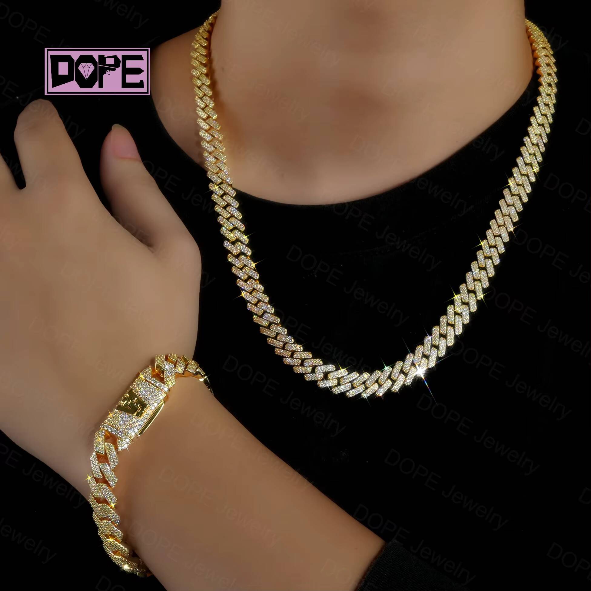 12mm Cuban Chain Sparkling Iced Out Men 925 Silver Real 18k Gold Plated VVS Moissanite Cuban Link Chain