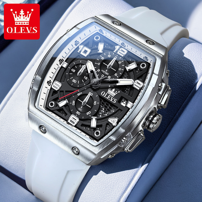 OLEVS Men's Luxury Watch Hollowed Out Multi-function Designer Watch Business Bucket Type Large Dial Silicon Tape Quartz Watch Waterproof Luminous