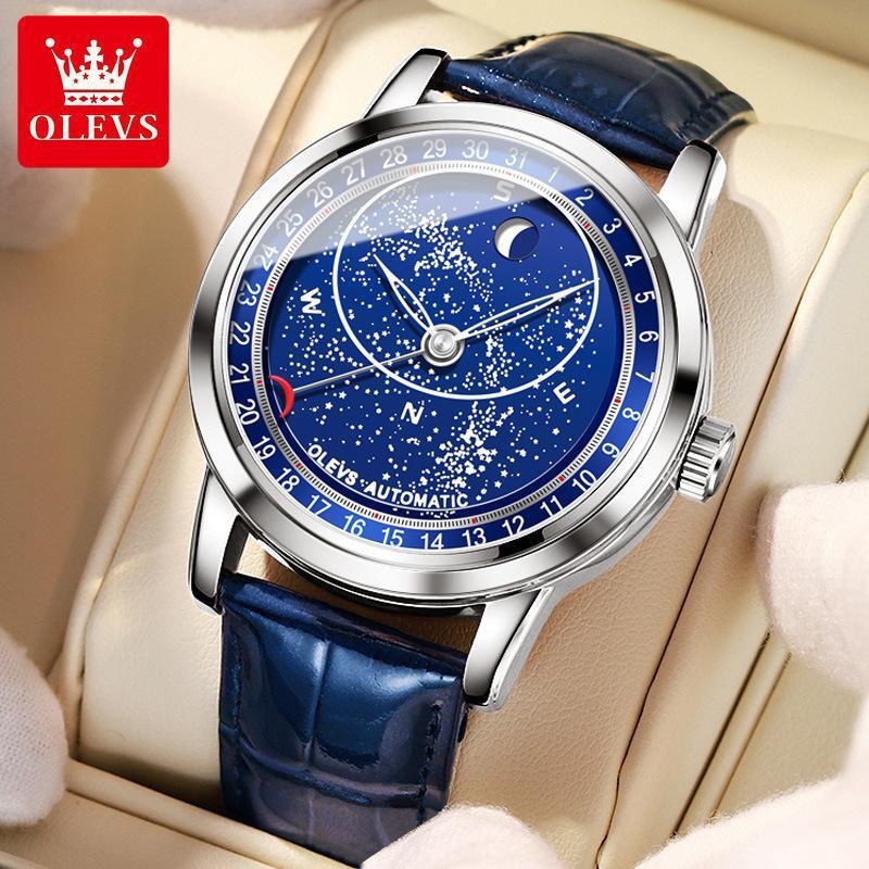 OLEVS Luminous Luxury Business Casual Wristwatch for Men Gift Designer Men Automatic Mechanical Watch Starry Sky Dial Moon Phase Blue Leather Strap Wa