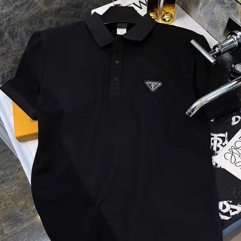American and European minimalist mens short-sleeve polo shirt high-end light luxury turn-down collar half-sleeve tee gold-embossed solid color Europea