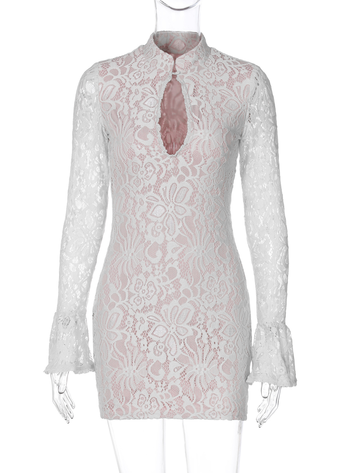 Women's Lace Bodycon Mini Dress High Neck with Keyhole Cutout, Long Flare Sleeve, Elegant Hollow Out Cocktail Party Dress