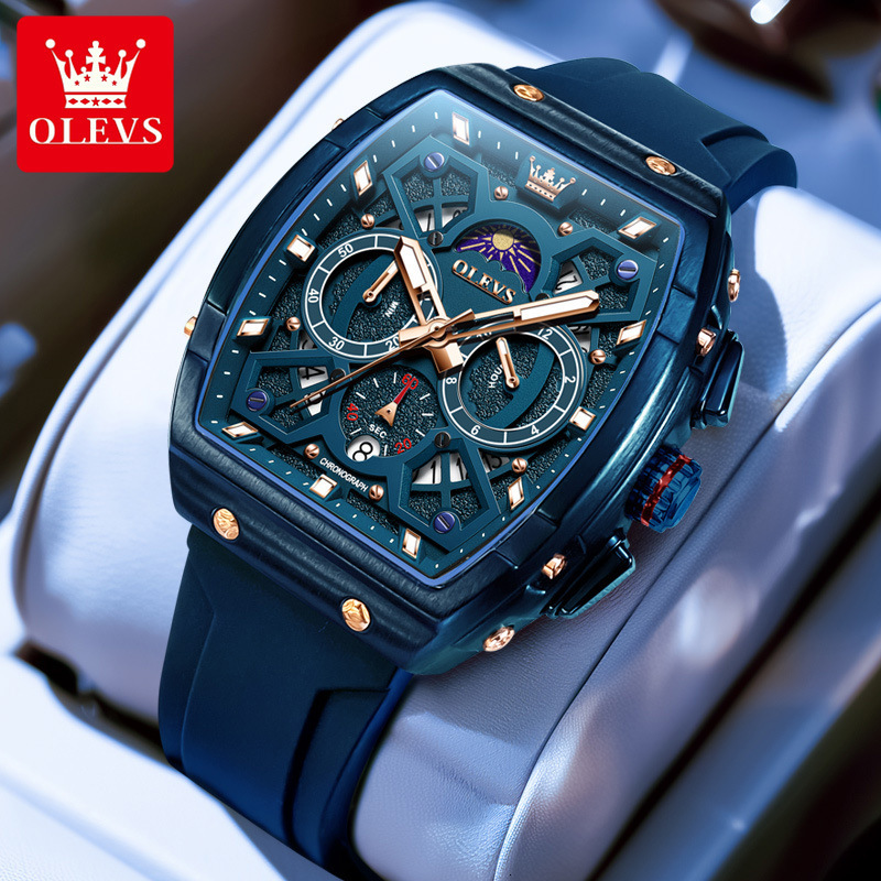 OLEVS Luxury Brand Wine Barrel Designer Watch New Fashion Casual Daily Travel Silicone Tape Night Light Multifunctional Quartz Waterproof Men's W