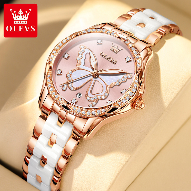 OLEVS Designer OLEVS Womens Luxury Quartz Watch Butterfly Pattern Diamond Inlaid Waterproof Ceramic Strap Elegant Wristwatch For Daily Wear