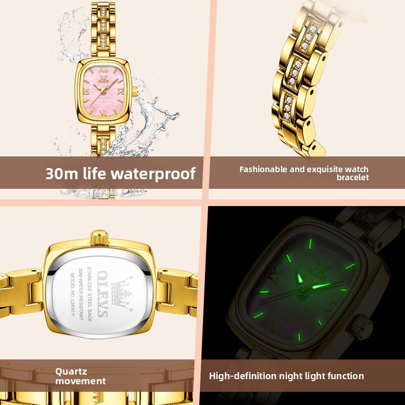 OLEVS Square Dial Gold Tone Designer Watch Quartz Waterproof Crystal Bracelet Ladies Wristwatch Elegant Dress Fashion Minimalist Lightweight Daily Par