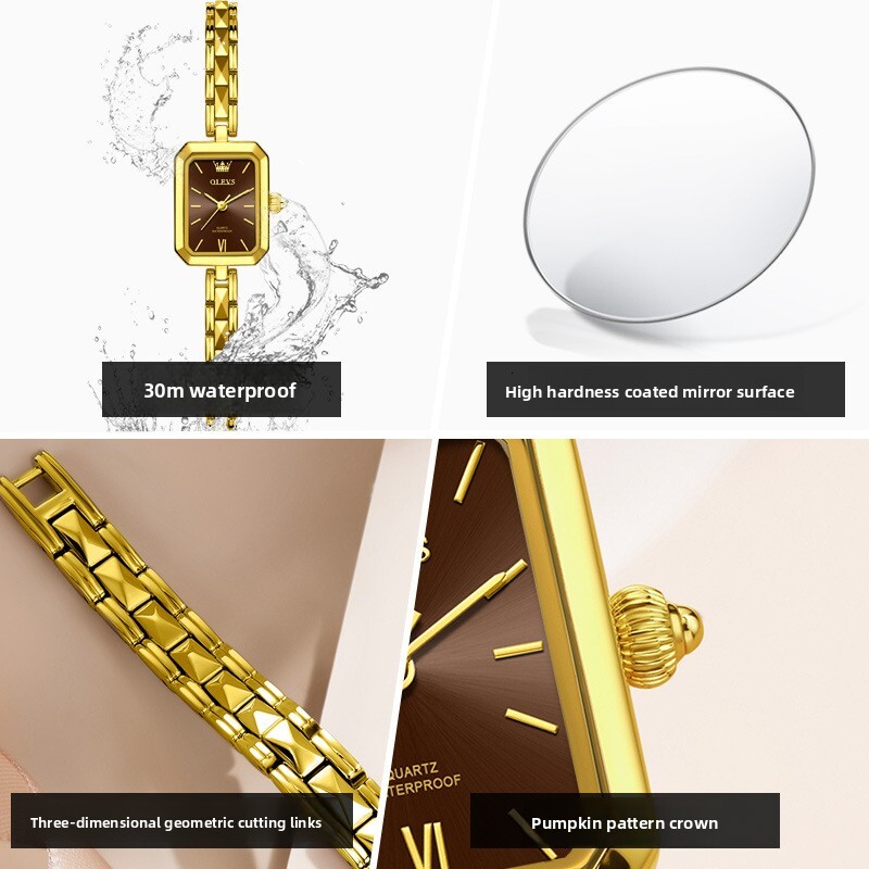 OLEVS Female Mini Designer Watch New Fashionable Casual Gold Watch Square Fashionable Quartz Watch Waterproof Night Light Women's Watch Women