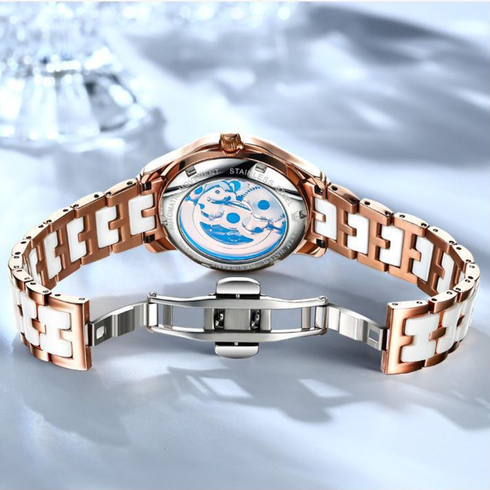 OLEVS Luxury Rose Gold Wristwatch Elegant Ladies Dress Watch Gift Set Designer Women Mechanical Watch Butterfly Skeleton Dial Diamond Inlaid Ceramic S