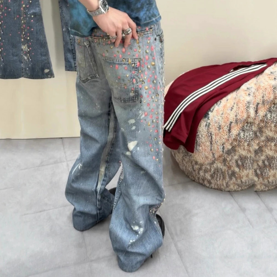3D Printed Full Diamond Jeans for Men Straight Washed Distressed Shinning Diamon Denim Trousers Hip Hop Loose Baggy Jean Pants